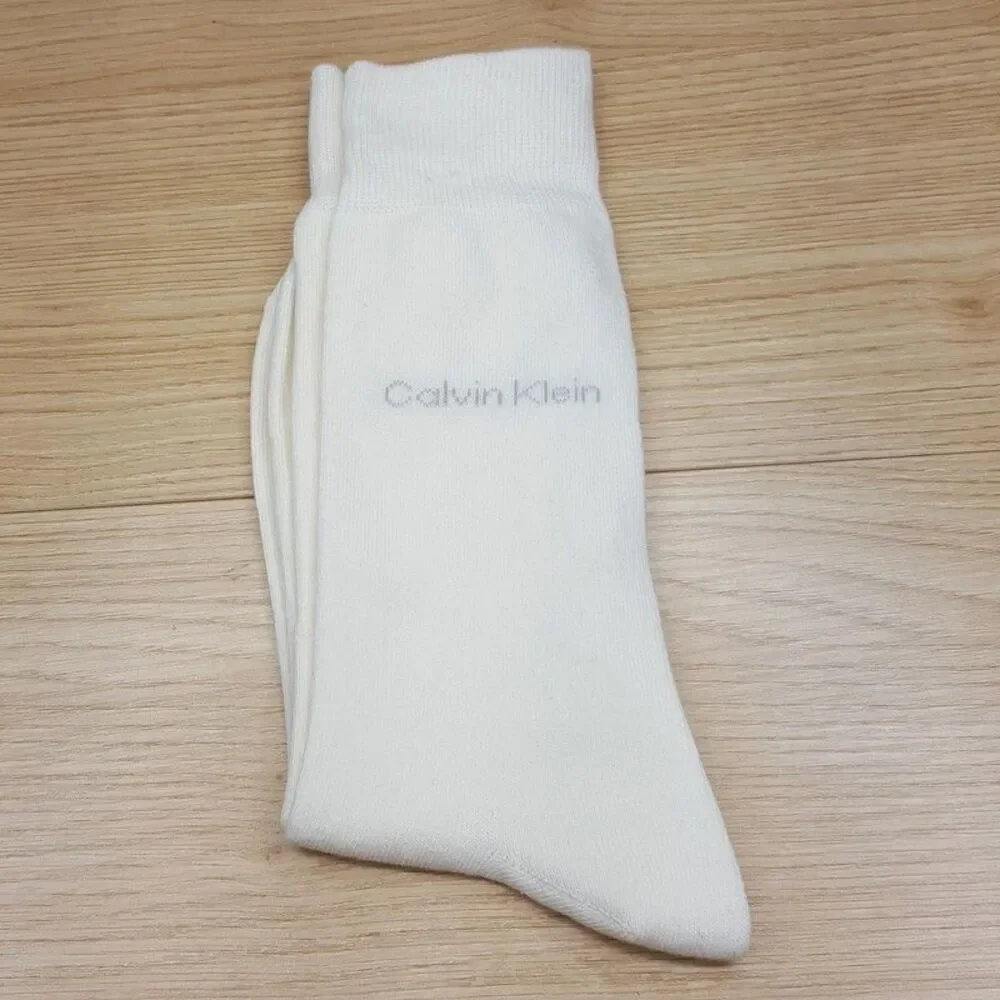 CALVIN KLEIN Mens Crew Dress Socks 3-Pack Black Blue Ivor Cotton Blend Logo